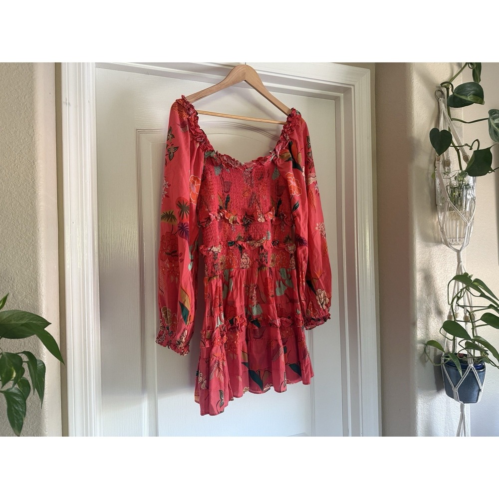 Farm Rio Smocked Ruffle Mini Dress M Coral Tropical Floral Puff Sleeve - Picture 10 of 14
